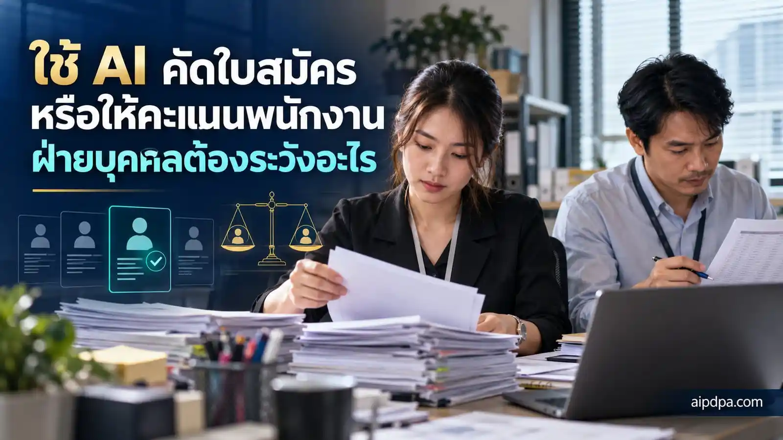 เจ้าหน้าที่ฝ่ายบุคคลคัดแยกใบสมัครงานที่พิมพ์ออกมาเป็นกอง ขณะที่เพื่อนร่วมงานตรวจตารางคะแนนอยู่ข้าง ๆ