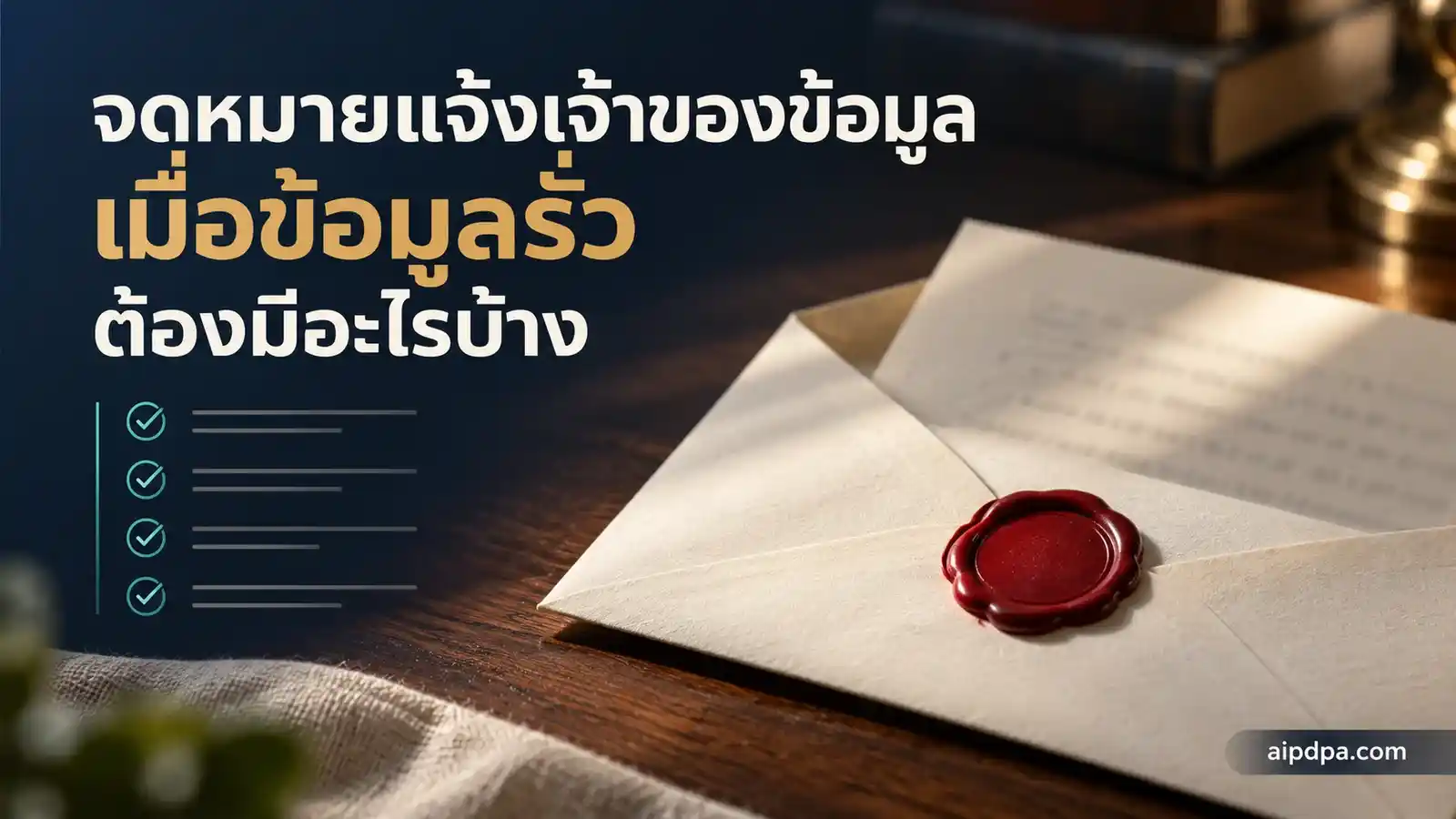 จดหมายพับวางบนซองสีงาช้าง มีครั่งสีแดงประทับไว้ข้าง ๆ ถ่ายระยะชัดตื้นบนโต๊ะไม้