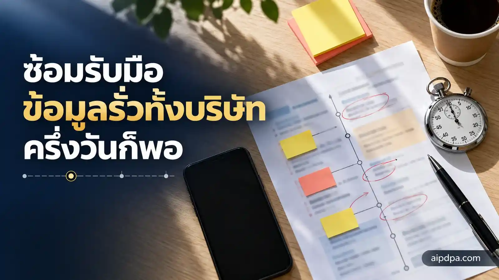 ภาพมุมบนของโต๊ะทำงาน มีตารางเวลาซ้อมรับมือเหตุ นาฬิกาจับเวลา โทรศัพท์จอดับ และกระดาษโน้ตสีเหลือง