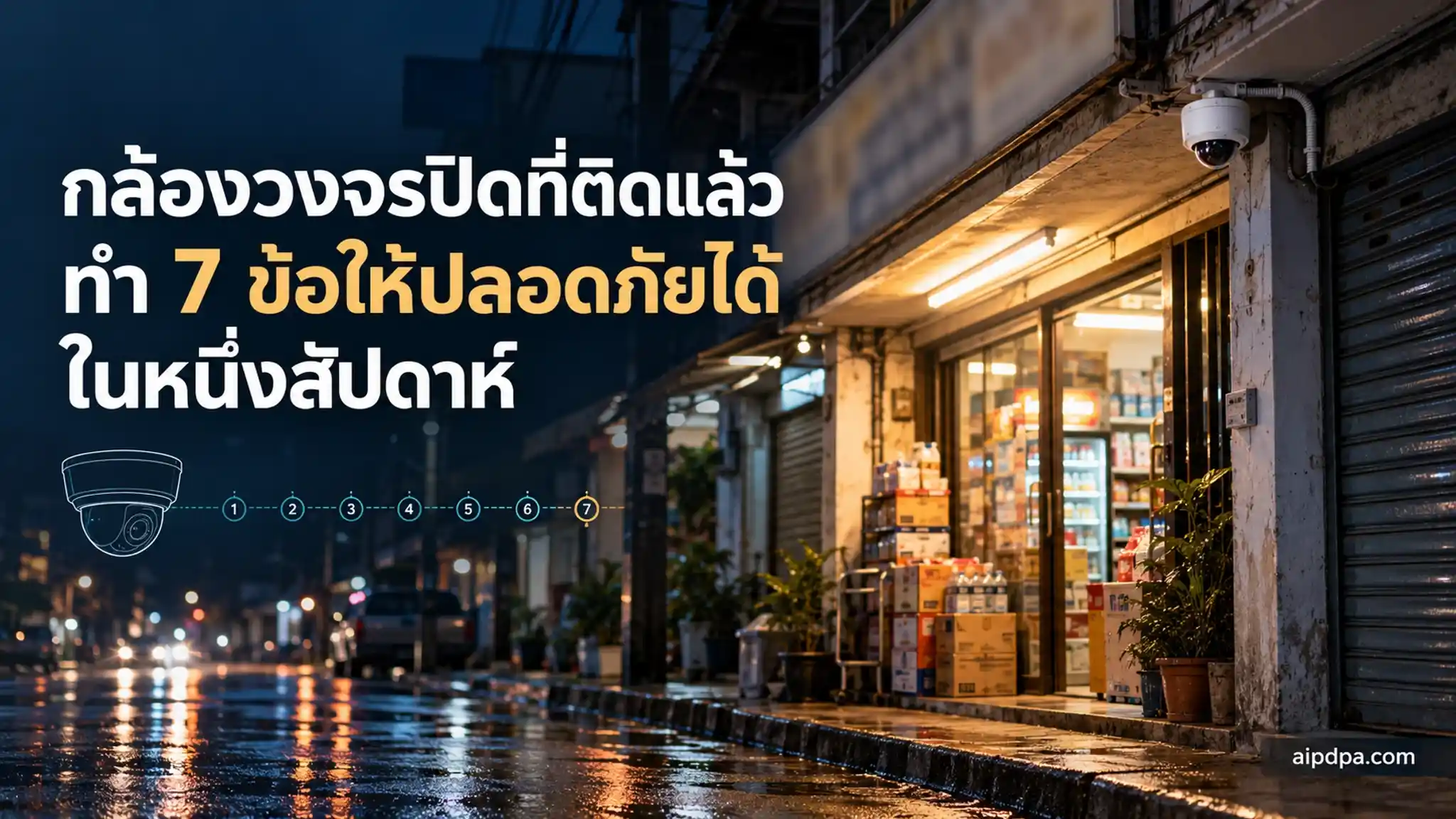 ร้านค้าขนาดเล็กยามค่ำคืน มีกล้องวงจรปิดทรงโดมติดอยู่เหนือประตูทางเข้า