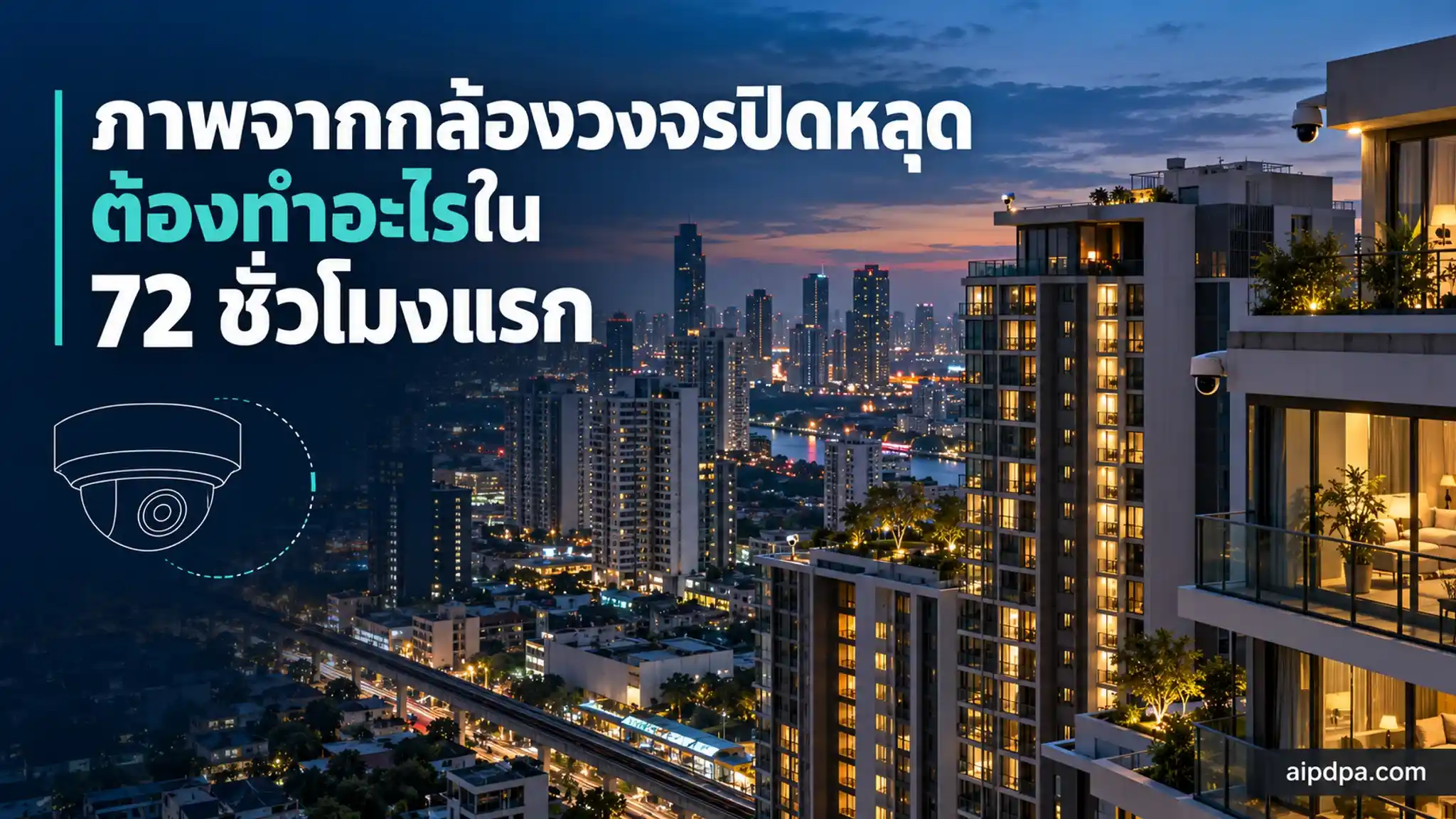 ภาพมุมสูงยามโพล้เพล้ของกลุ่มคอนโดมิเนียมในกรุงเทพฯ หน้าต่างสว่างไฟ และโดมกล้องวงจรปิดบนดาดฟ้าไม่กี่ตัว