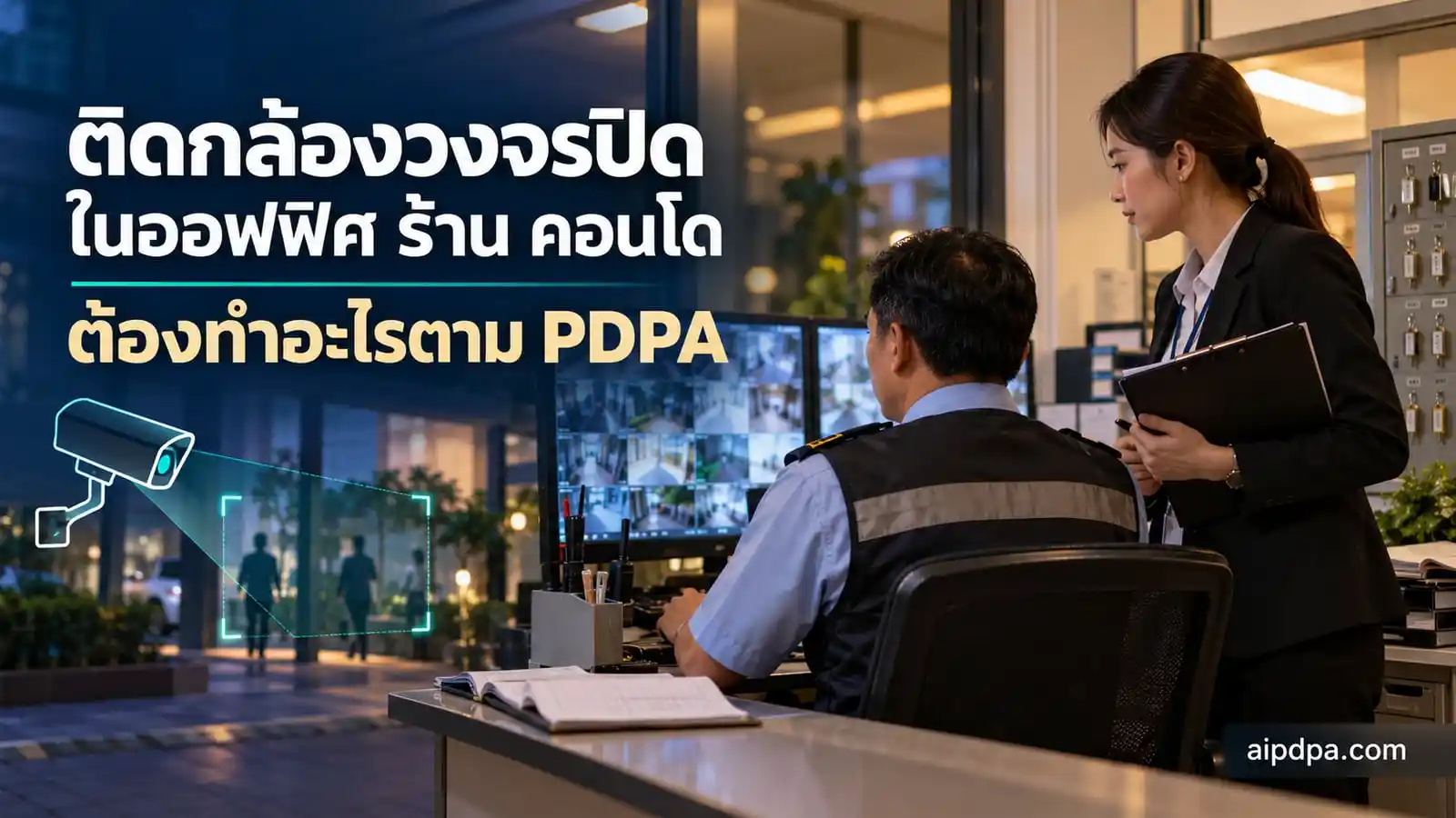ผู้จัดการอาคารชุดกับเจ้าหน้าที่รักษาความปลอดภัยตรวจสมุดบันทึกการเปิดดูภาพจากกล้องวงจรปิดในห้องควบคุม