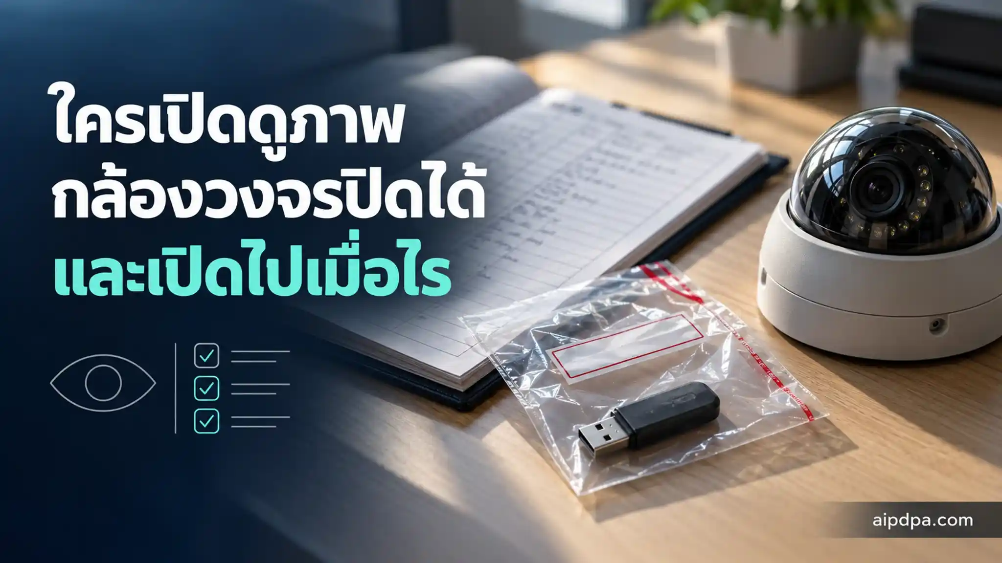 สมุดบันทึกที่เปิดอยู่ ยูเอสบีในถุงเก็บหลักฐานใส และกล้องวงจรปิดตัวเล็กวางบนโต๊ะ