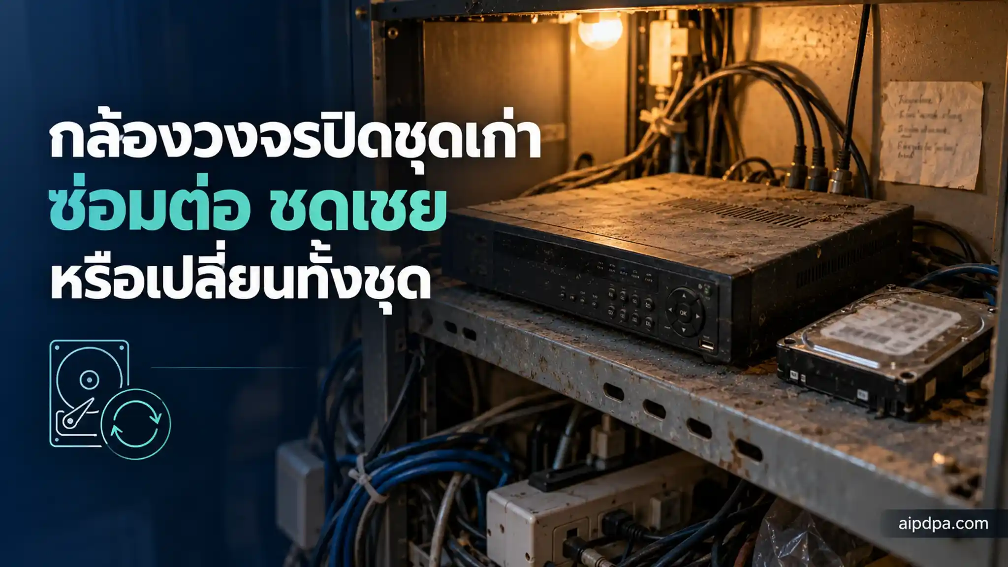 ตู้เก็บของแคบ ๆ ในร้าน มีเครื่องบันทึกภาพกล้องวงจรปิดรุ่นเก่า สายไฟและสายสัญญาณมีฝุ่นจับ และป้ายเขียนมือติดอยู่ข้างเครื่อง
