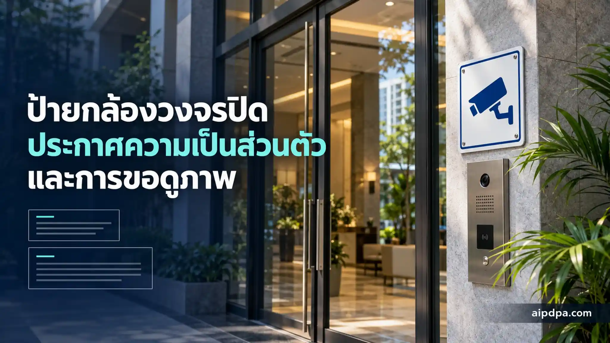 ป้ายแจ้งกล้องวงจรปิดแบบสัญลักษณ์ติดข้างประตูกระจกทางเข้าล็อบบี้คอนโดในแสงธรรมชาติตอนเช้า