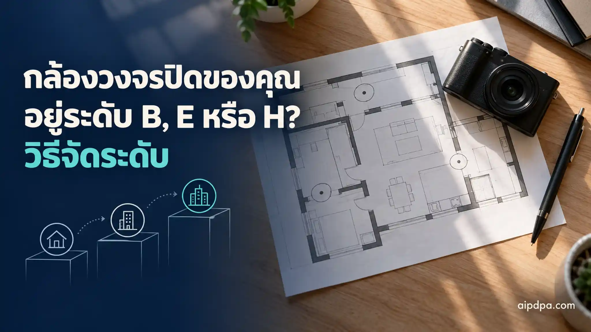 แผนผังอาคารที่พิมพ์ไว้บนโต๊ะไม้ มีกล้องขนาดเล็กวางบนแผนผังและปากกาวางอยู่ข้างกัน ถ่ายมุมมองจากด้านบน