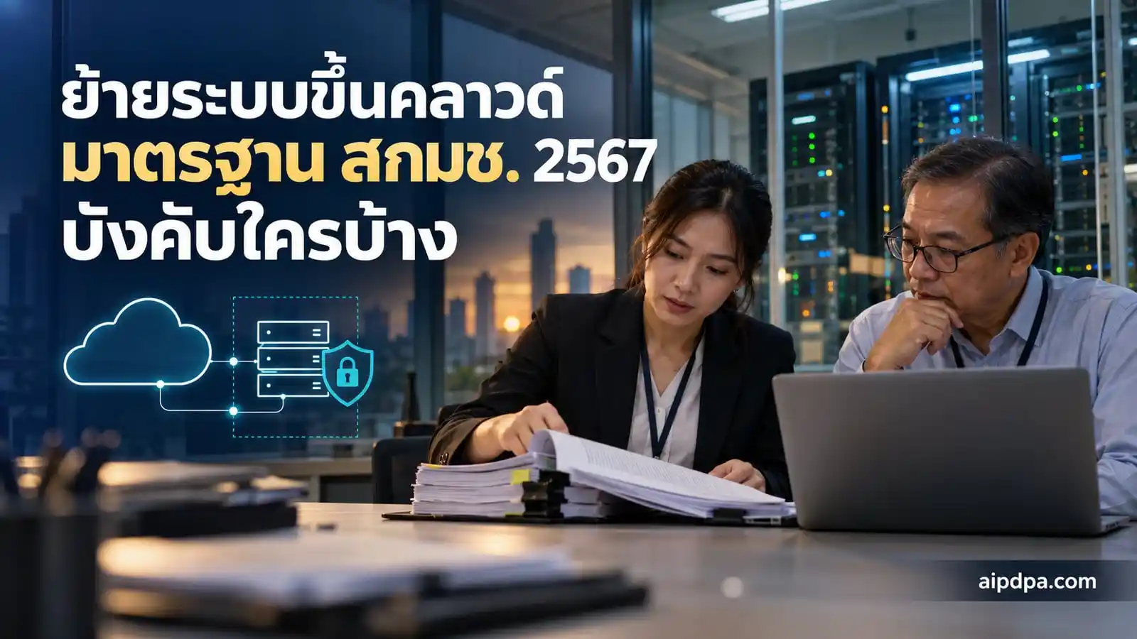 Two Thai public-sector IT officers compare a printed cloud service contract against a laptop, with server racks visible behind a glass wall.