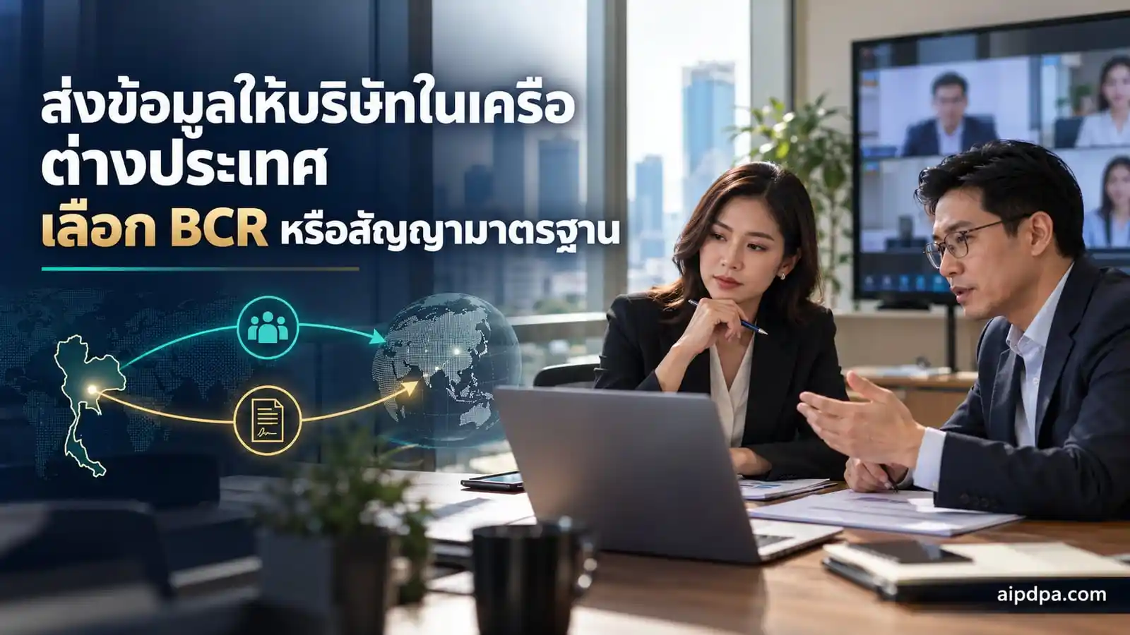 ผู้อำนวยการฝ่ายบุคคลและผู้จัดการฝ่ายกฎหมายของบริษัทในไทยประชุมทางวิดีโอกับเพื่อนร่วมงานในบริษัทแม่ต่างประเทศ โดยมีเอกสารนโยบายวางบนโต๊ะ