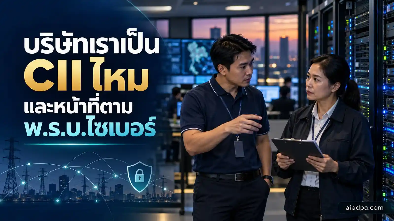 วิศวกรสองคนยืนคุยกันข้างตู้เซิร์ฟเวอร์ในห้องควบคุมเครือข่ายของบริษัทสาธารณูปโภค มือถือรายการตรวจสอบ