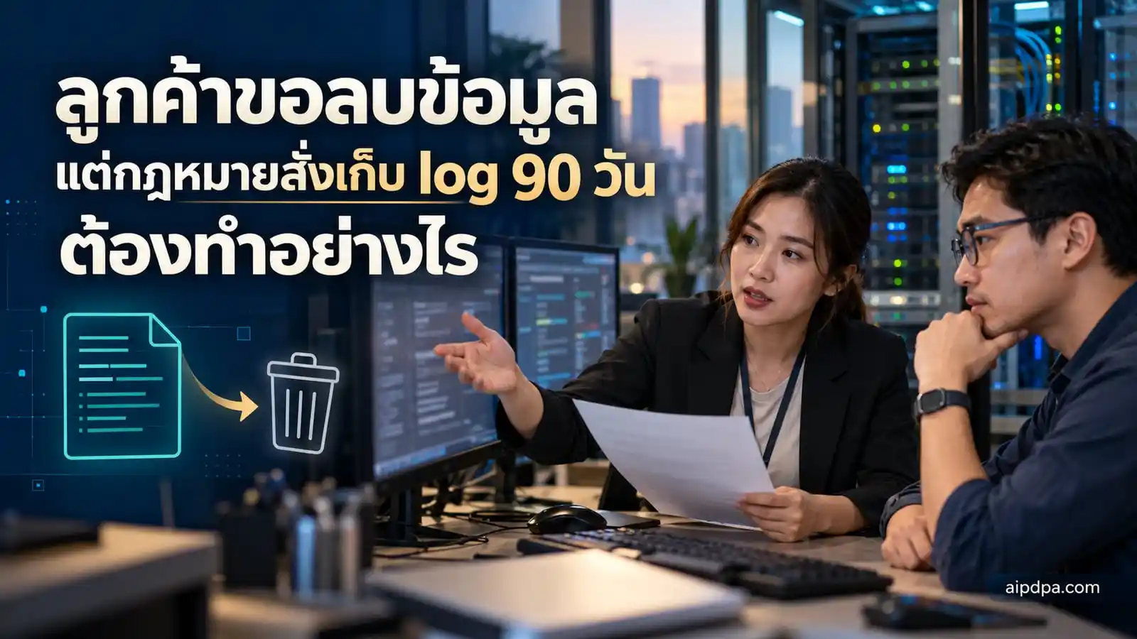 เจ้าหน้าที่คุ้มครองข้อมูลส่วนบุคคลกับผู้ดูแลระบบนั่งตรวจคำขอลบข้อมูลของลูกค้าเทียบกับระบบเก็บ log ในห้องทำงานฝ่ายไอที
