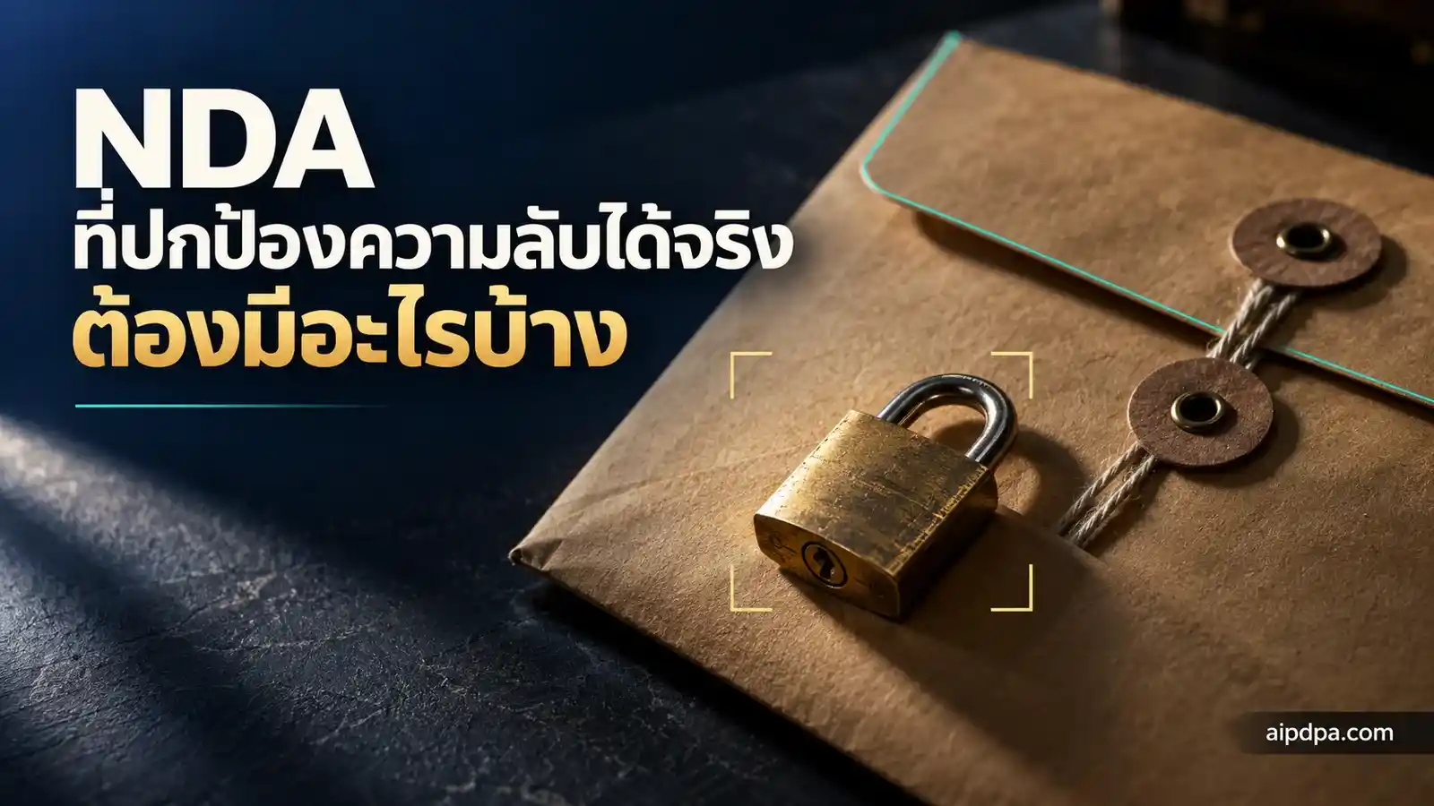 แม่กุญแจทองเหลืองวางบนซองเอกสารสีน้ำตาลที่ปิดผนึก ภายใต้แสงส่องจากด้านข้าง