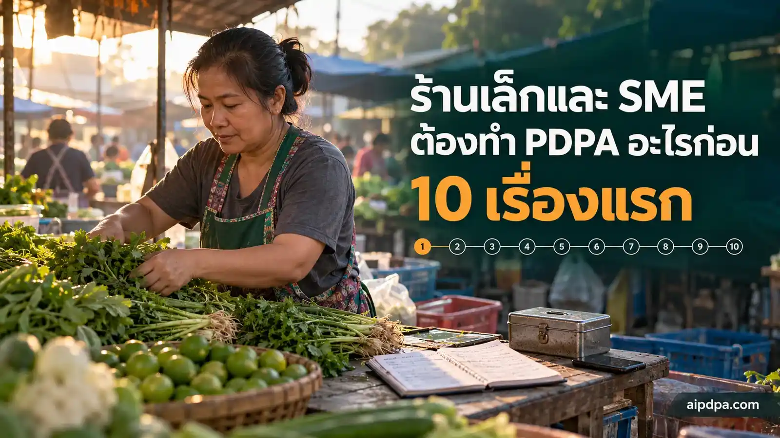 แม่ค้าในตลาดสดจัดผักบนแผงตอนเช้ามืด มีสมุดจดรายชื่อลูกค้าวางอยู่ที่มุมแผง