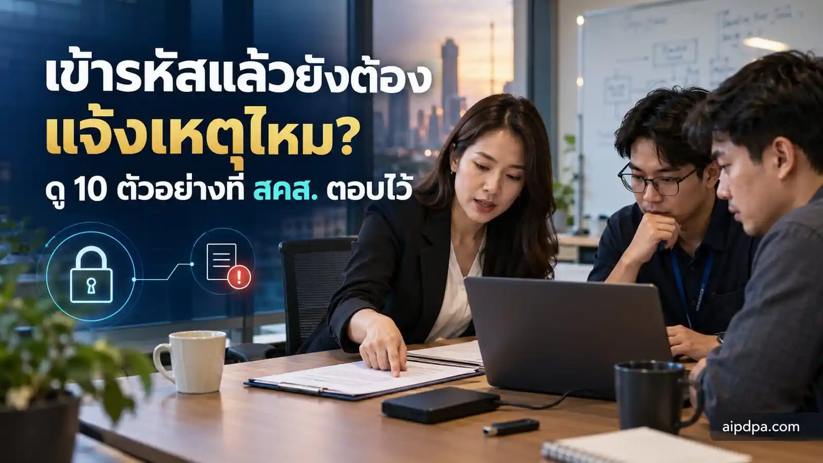 เจ้าหน้าที่คุ้มครองข้อมูลส่วนบุคคลและทีมไอทีประชุมทบทวนเหตุละเมิด มีฮาร์ดดิสก์สำรองและ USB วางอยู่บนโต๊ะ