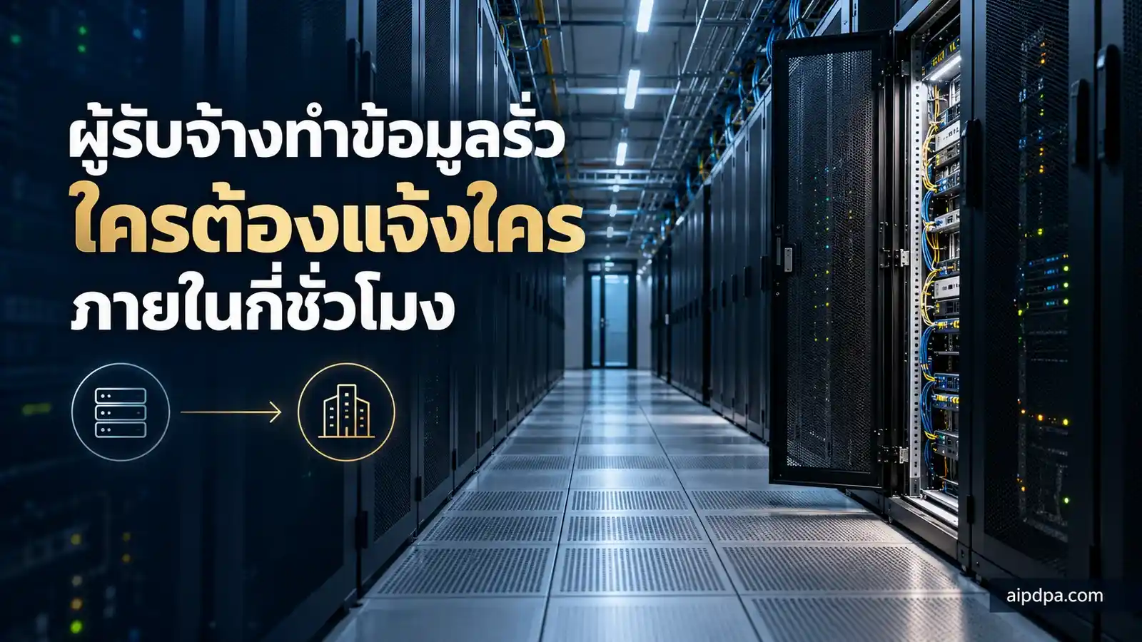 ทางเดินว่างในห้องเซิร์ฟเวอร์ แสงสีฟ้าเย็น มีตู้แร็กหนึ่งตู้เปิดประตูค้างไว้