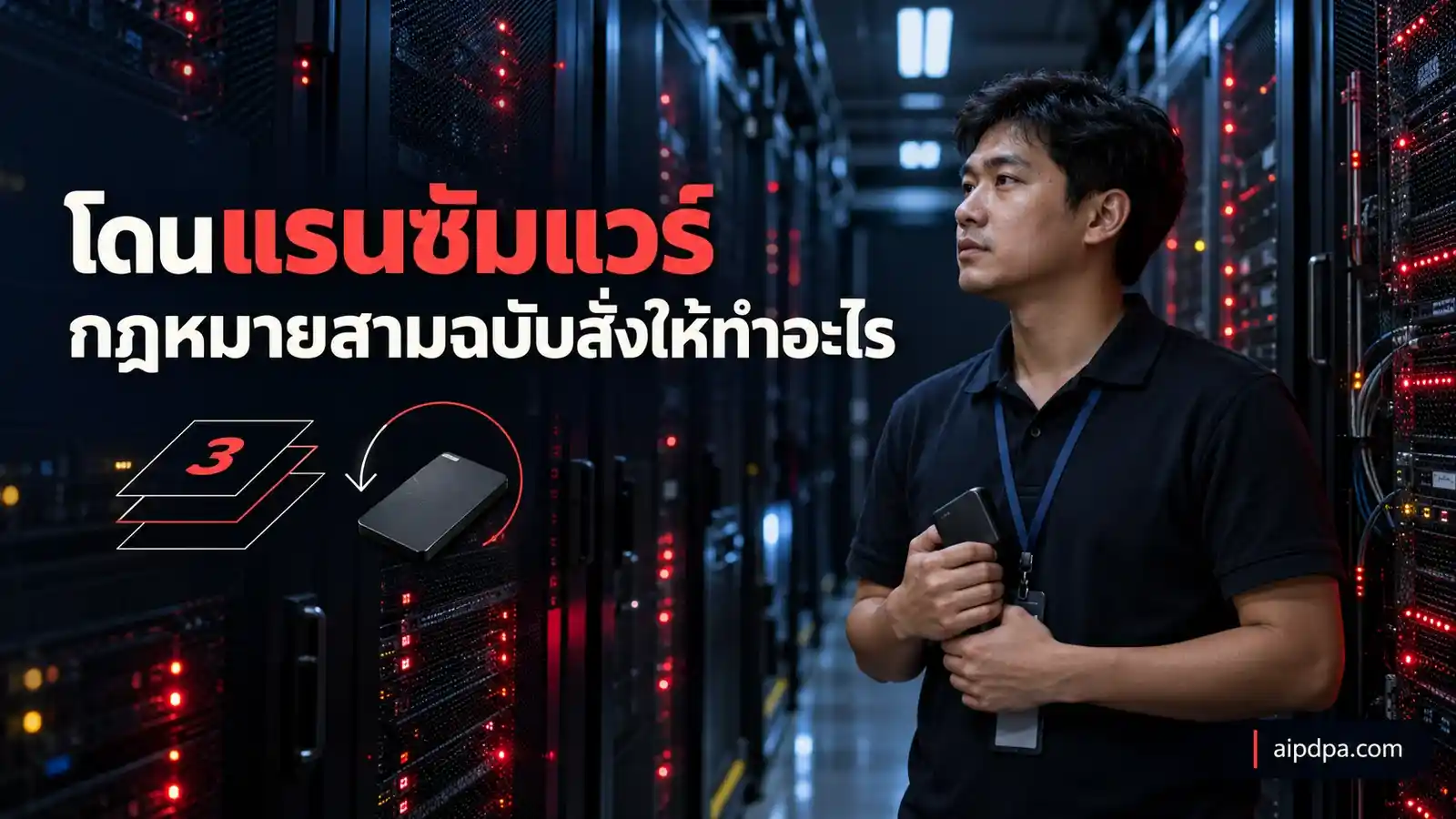 วิศวกรไอทีชาวไทยยืนถือฮาร์ดดิสก์สำรองข้อมูลกลางทางเดินห้องเซิร์ฟเวอร์ที่มีไฟสถานะสีแดง