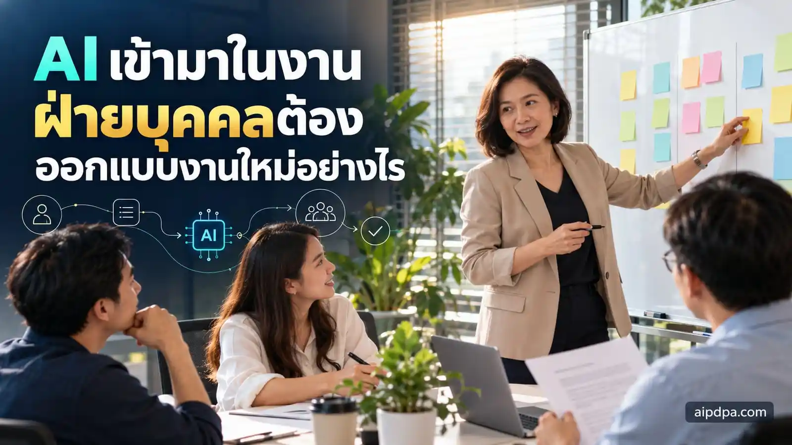 ผู้จัดการฝ่ายบุคคลชาวไทยกำลังทำเวิร์กช็อปแบ่งงานระหว่างคนกับ AI ร่วมกับพนักงานในห้องประชุมเล็ก