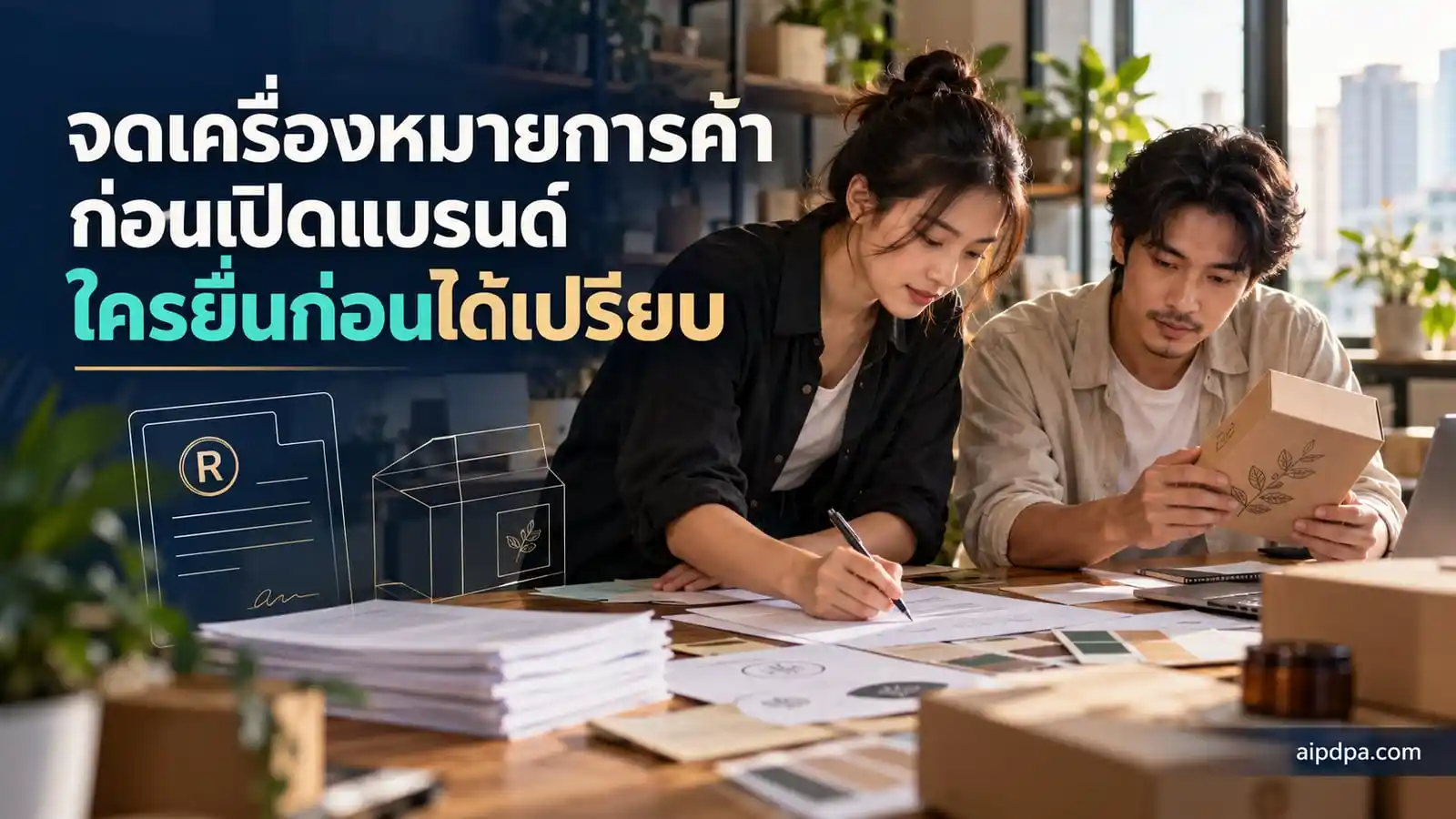 ผู้ก่อตั้งแบรนด์สองคนกำลังตรวจแบบบรรจุภัณฑ์และร่างโลโก้ก่อนยื่นจดเครื่องหมายการค้า