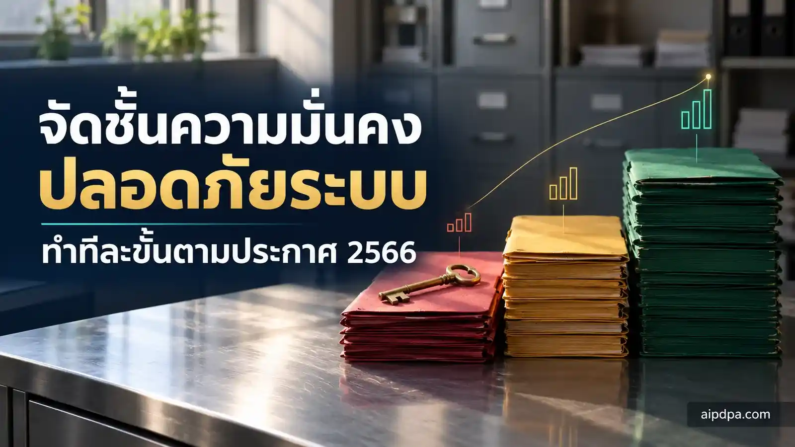 แฟ้มสามกองสีแดง เหลืองอำพัน และเขียว วางบนโต๊ะเหล็ก มีกุญแจทองเหลืองวางอยู่บนกองสีแดง