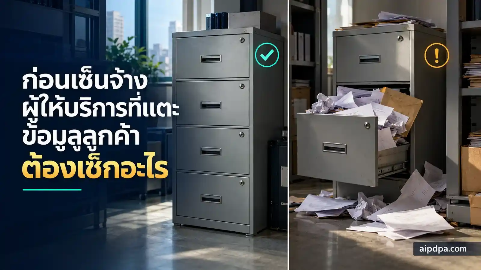 ภาพคู่เปรียบเทียบ ตู้เหล็กเก็บเอกสารที่ล็อกเรียบร้อย กับลิ้นชักที่เปิดค้างและมีกระดาษกระจัดกระจาย
